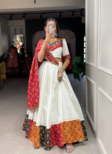 Printed White Pure Cotton Traditional Wear Lehenga Choli